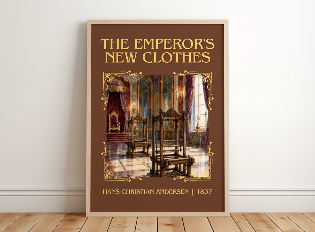 Emperor's New Clothes Classic Book Art Print by H. Andersen – framed print leaning on a wooden floor