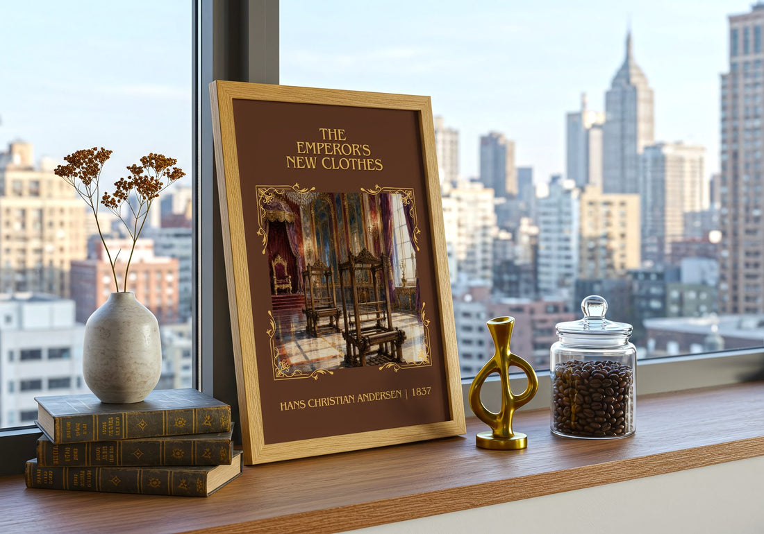 Emperor's New Clothes Classic Book Art Print by H. Andersen – framed print on a city-view windowsill