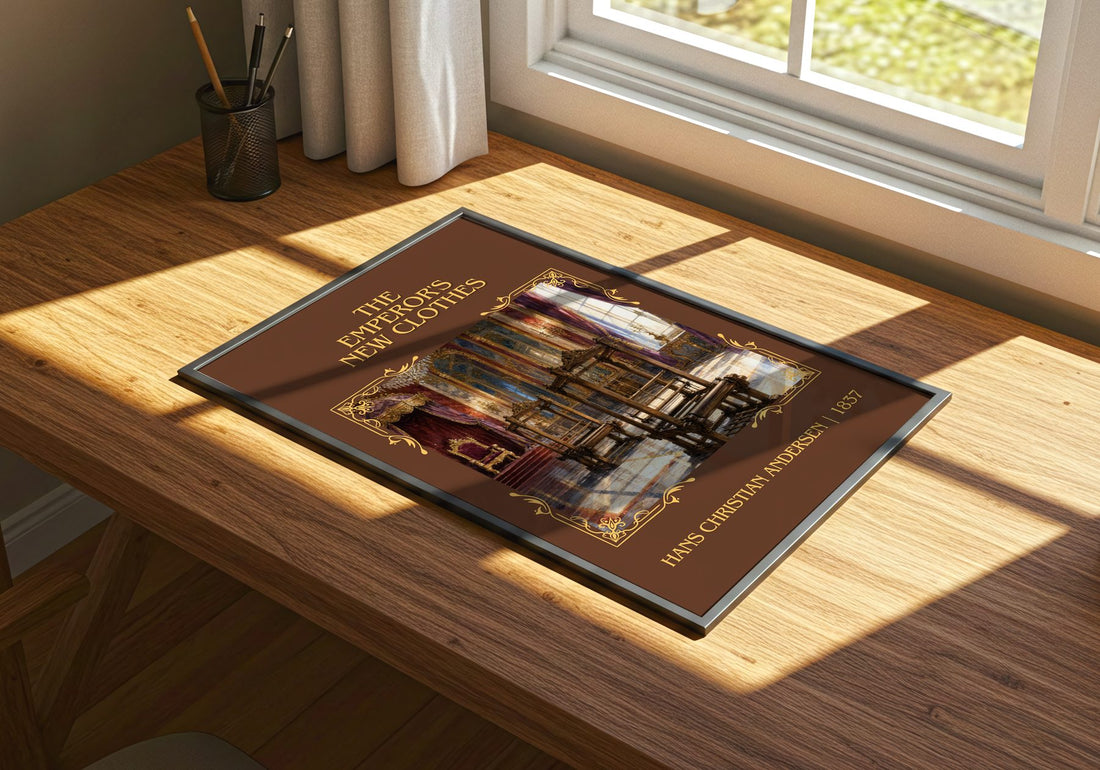 Emperor's New Clothes Classic Book Art Print by H. Andersen – print on a sunlit desk