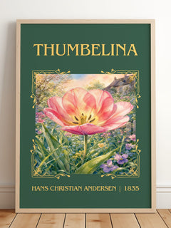 Thumbelina Classic Book Art Print by Hans Christian Andersen – framed print leaning on a wooden floor