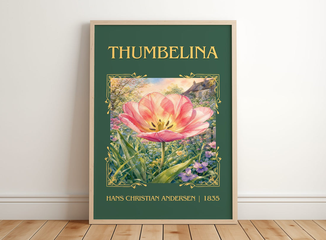 Thumbelina Classic Book Art Print by Hans Christian Andersen – framed print leaning on a wooden floor