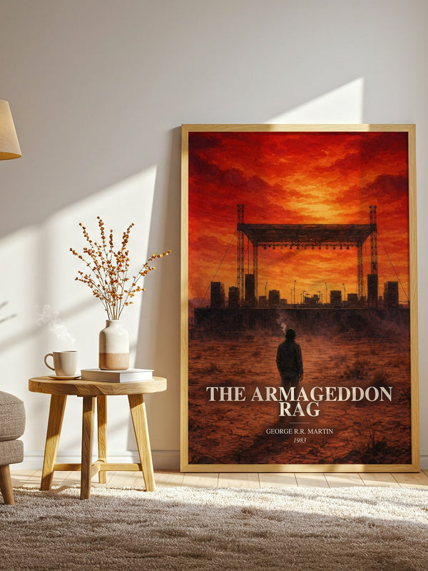 The Armageddon Rag watercolour print in frame leaning in hallway – sci fi wall art