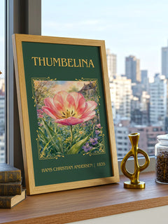 Thumbelina Classic Book Art Print by Hans Christian Andersen – framed print on a city-view windowsill