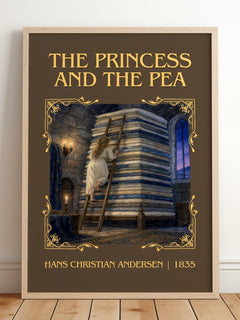 Princess And The Pea Classic Book Art Print by Hans Christian Andersen – framed print leaning on a wooden floor