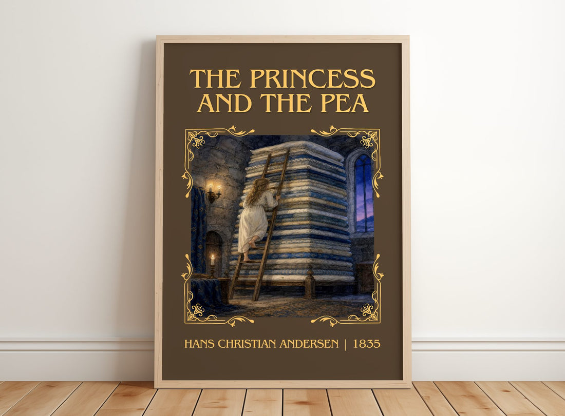 Princess And The Pea Classic Book Art Print by Hans Christian Andersen – framed print leaning on a wooden floor