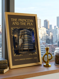 Princess And The Pea Classic Book Art Print by Hans Christian Andersen – framed print on a city-view windowsill