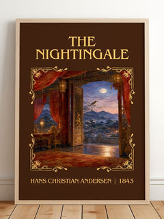 The Nightingale Classic Book Art Print by Hans Christian Andersen – framed print leaning on a wooden floor