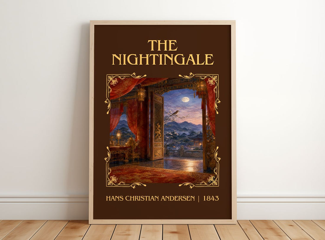 The Nightingale Classic Book Art Print by Hans Christian Andersen – framed print leaning on a wooden floor