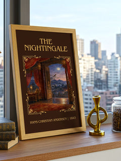 The Nightingale Classic Book Art Print by Hans Christian Andersen – framed print on a city-view windowsill