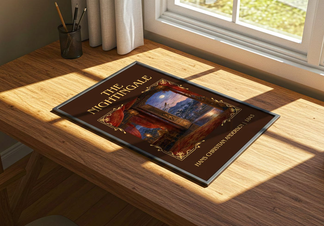 The Nightingale Classic Book Art Print by Hans Christian Andersen – print on a sunlit desk