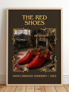 The Red Shoes Classic Book Art Print by Hans Christian Andersen – framed print leaning on a wooden floor