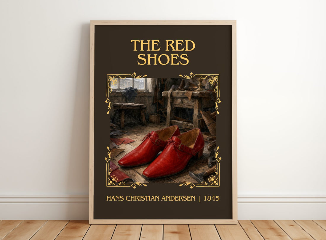 The Red Shoes Classic Book Art Print by Hans Christian Andersen – framed print leaning on a wooden floor