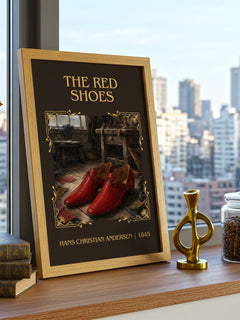 The Red Shoes Classic Book Art Print by Hans Christian Andersen – framed print on a city-view windowsill