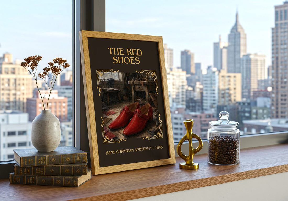 The Red Shoes Classic Book Art Print by Hans Christian Andersen – framed print on a city-view windowsill