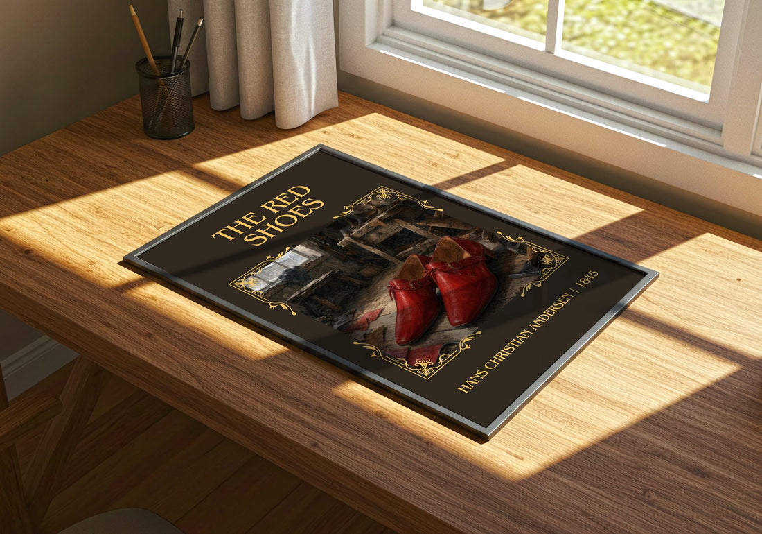 The Red Shoes Classic Book Art Print by Hans Christian Andersen – print on a sunlit desk
