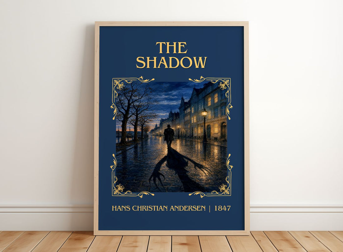 The Shadow Classic Book Art Print by Hans Christian Andersen – framed print leaning on a wooden floor