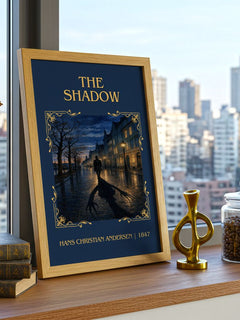 The Shadow Classic Book Art Print by Hans Christian Andersen – framed print on a city-view windowsill