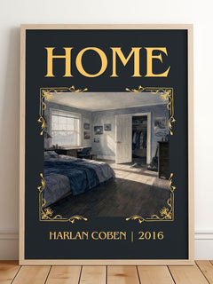 Home Classic Book Art Print by Harlan Coben – framed print leaning on a wooden floor