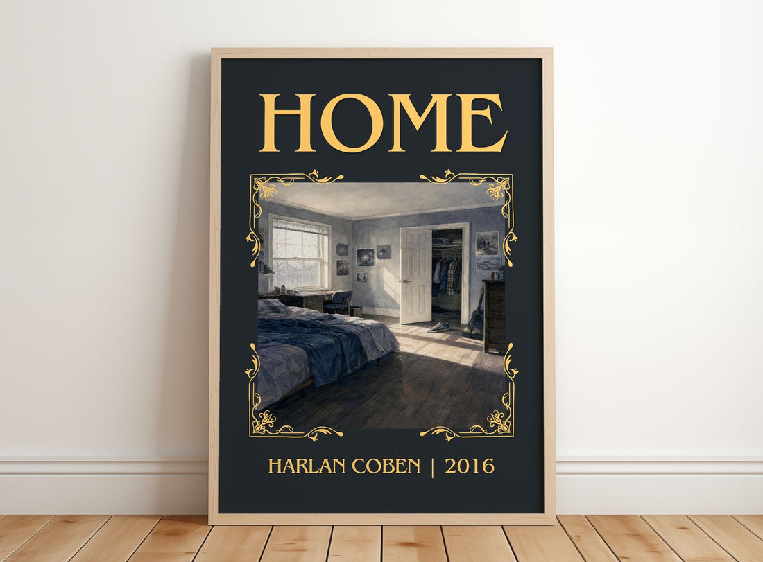 Home Classic Book Art Print by Harlan Coben – framed print leaning on a wooden floor