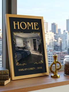 Home Classic Book Art Print by Harlan Coben – framed print on a city-view windowsill