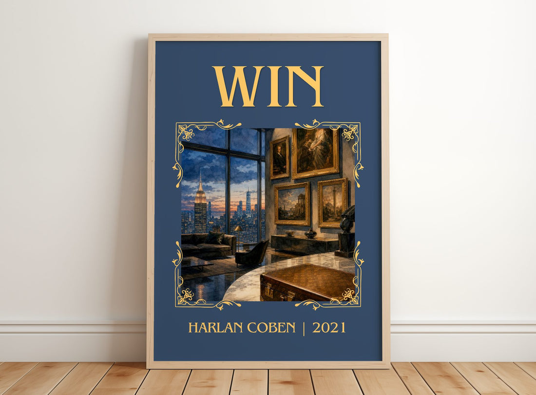Win Classic Book Art Print by Harlan Coben – framed print leaning on a wooden floor