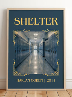 Shelter Classic Book Art Print by Harlan Coben – framed print leaning on a wooden floor