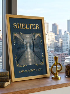 Shelter Classic Book Art Print by Harlan Coben – framed print on a city-view windowsill