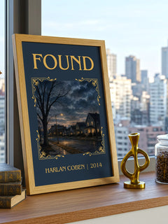 Found Classic Book Art Print by Harlan Coben – framed print on a city-view windowsill