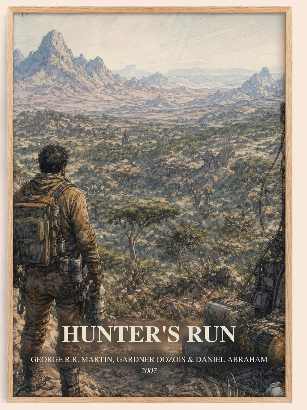 Hunter'S Run watercolour book poster by George R.R. Martin, Gardner Dozois & Daniel Abraham – framed literary art print