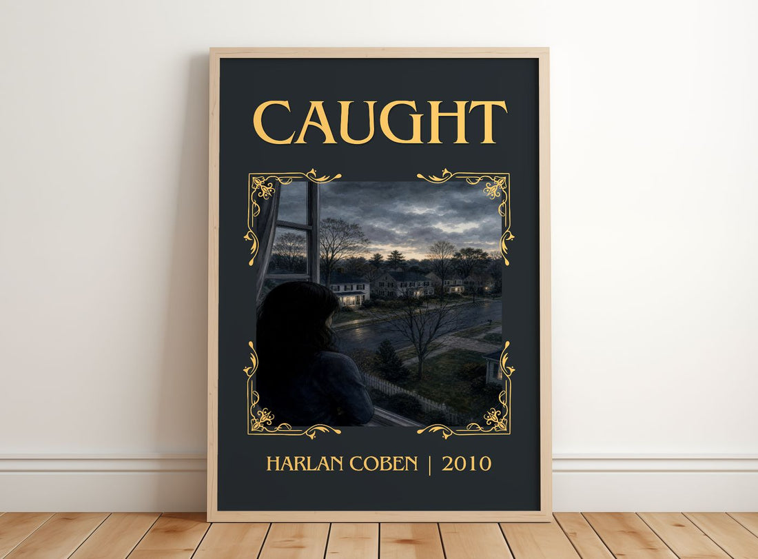 Caught Classic Book Art Print by Harlan Coben – framed print leaning on a wooden floor