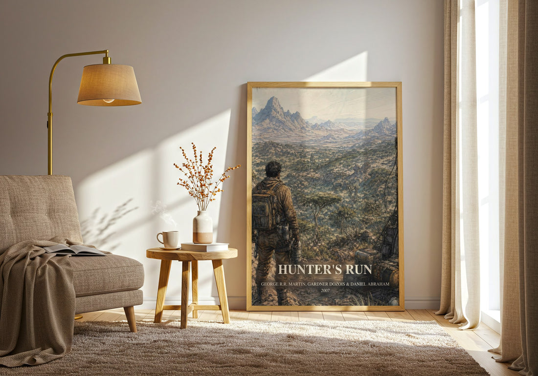 Hunter'S Run watercolour print in frame leaning in hallway – sci fi wall art (mockup)