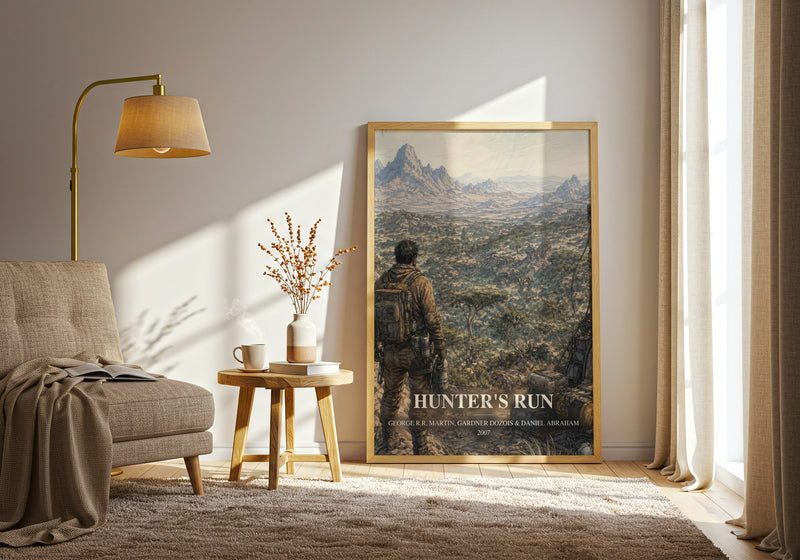Hunter'S Run watercolour print in frame leaning in hallway – sci fi wall art