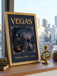 Vegas Classic Book Art Print by Harlan Coben – framed print on a city-view windowsill