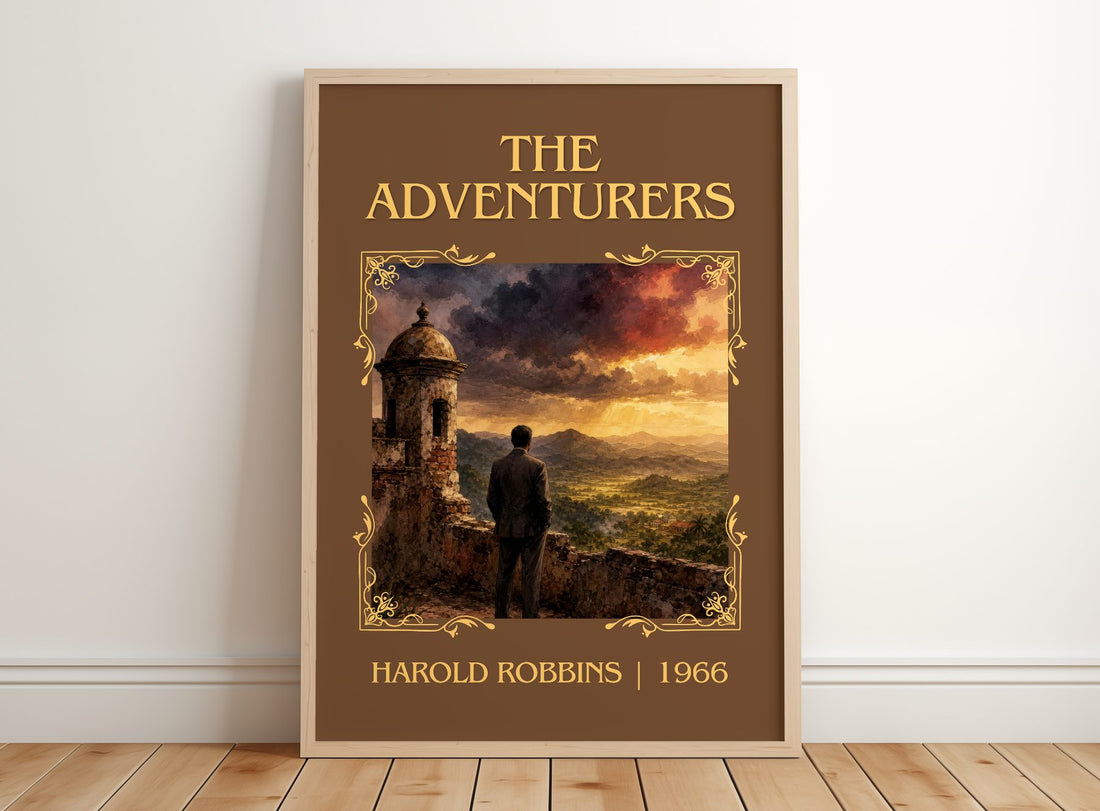 The Adventurers Classic Book Art Print by Harold Robbins – framed print leaning on a wooden floor