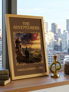 The Adventurers Classic Book Art Print by Harold Robbins – framed print on a city-view windowsill