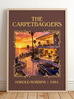 The Carpetbaggers Classic Book Art Print by Harold Robbins – framed print leaning on a wooden floor
