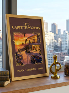 The Carpetbaggers Classic Book Art Print by Harold Robbins – framed print on a city-view windowsill