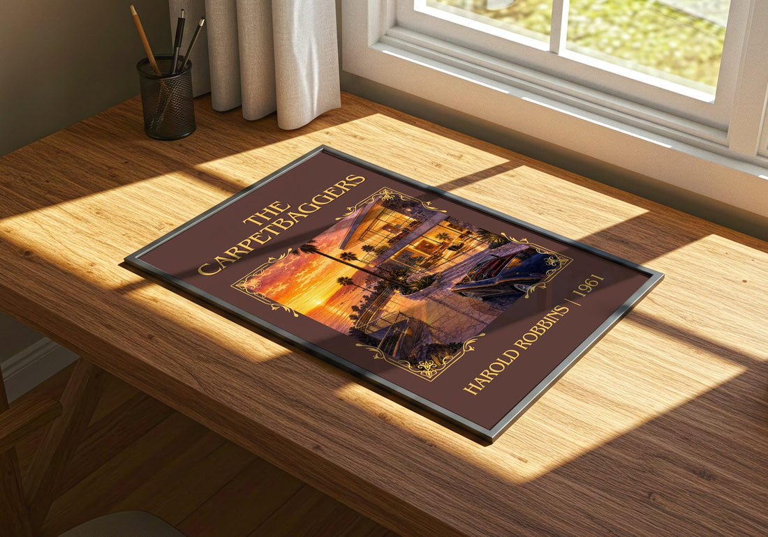 The Carpetbaggers Classic Book Art Print by Harold Robbins – print on a sunlit desk