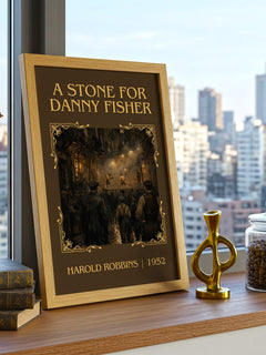 A Stone For Danny Fisher Classic Book Art Print by Harold Robbins – framed print on a city-view windowsill