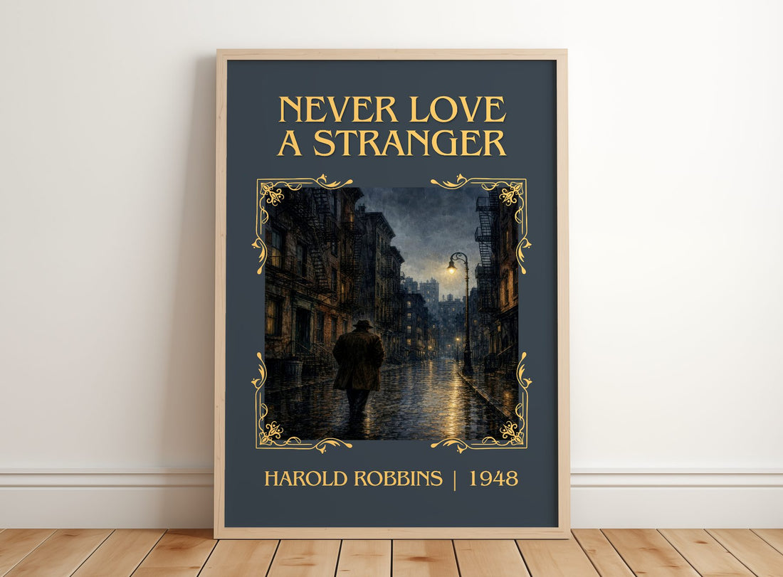 Never Love A Stranger Classic Book Art Print by Harold Robbins – framed print leaning on a wooden floor