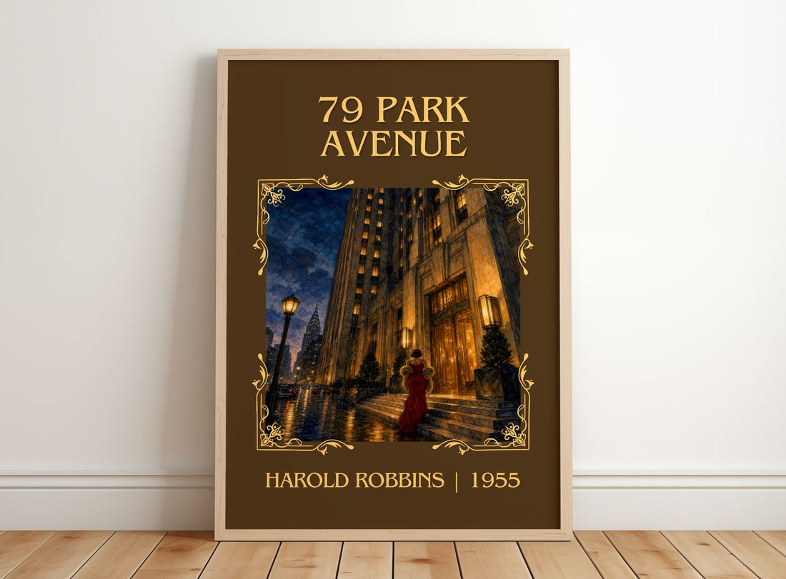 79 Park Avenue Classic Book Art Print by Harold Robbins – framed print leaning on a wooden floor