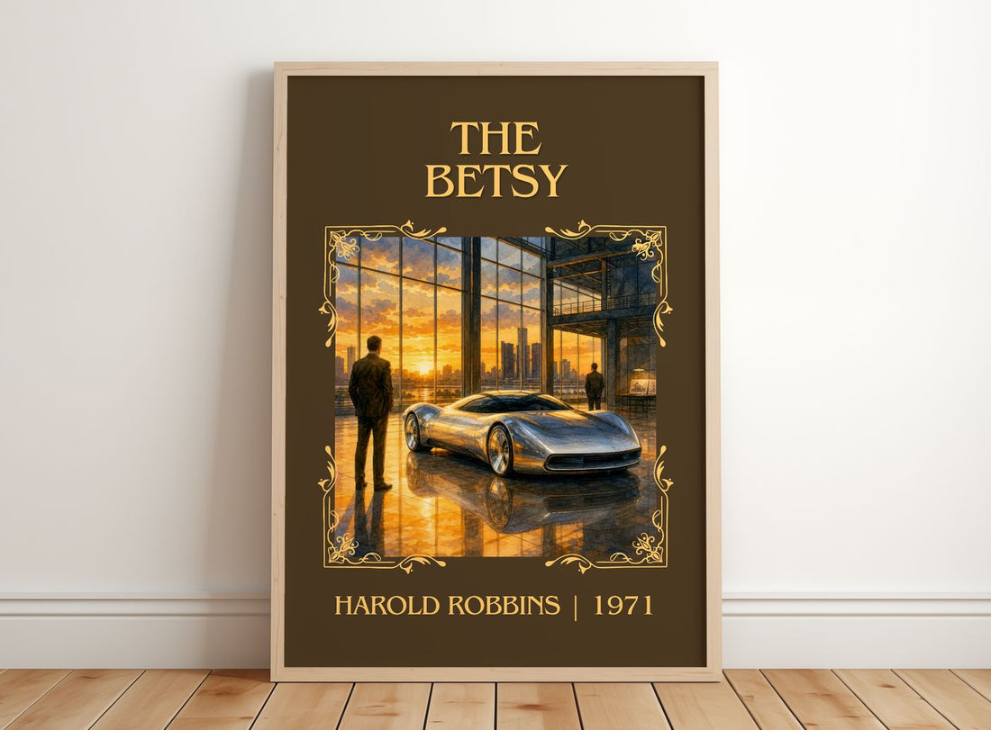 The Betsy Classic Book Art Print by Harold Robbins – framed print leaning on a wooden floor