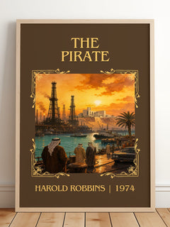 The Pirate Classic Book Art Print by Harold Robbins – framed print leaning on a wooden floor