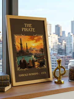 The Pirate Classic Book Art Print by Harold Robbins – framed print on a city-view windowsill