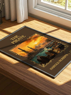 The Pirate Classic Book Art Print by Harold Robbins – print on a sunlit desk