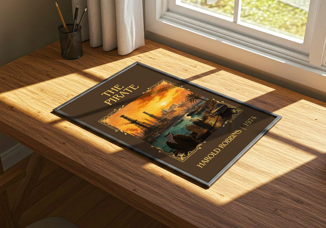 The Pirate Classic Book Art Print by Harold Robbins – print on a sunlit desk
