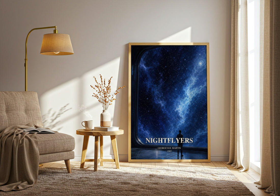 Nightflyers watercolour print in frame leaning in hallway – sci fi wall art (mockup)