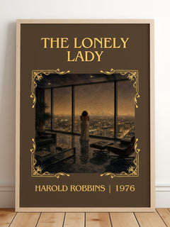 The Lonely Lady Classic Book Art Print by Harold Robbins – framed print leaning on a wooden floor