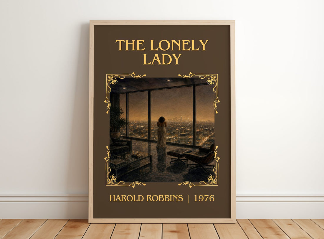 The Lonely Lady Classic Book Art Print by Harold Robbins – framed print leaning on a wooden floor