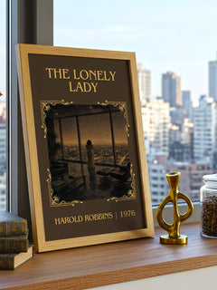 The Lonely Lady Classic Book Art Print by Harold Robbins – framed print on a city-view windowsill
